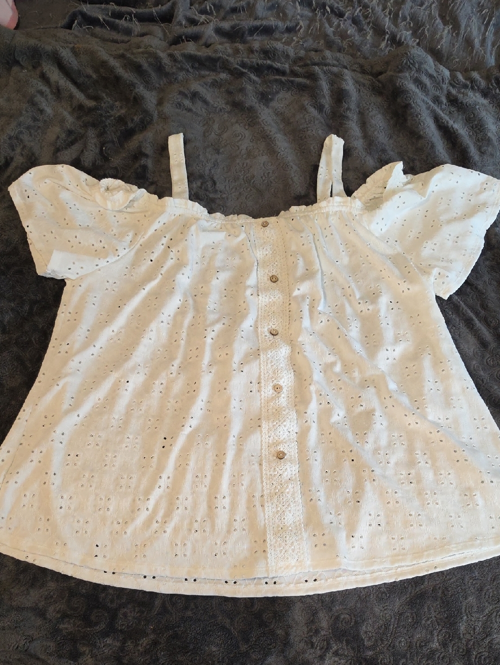 NAIF White Eyelet Off-Shoulder Button Front Top